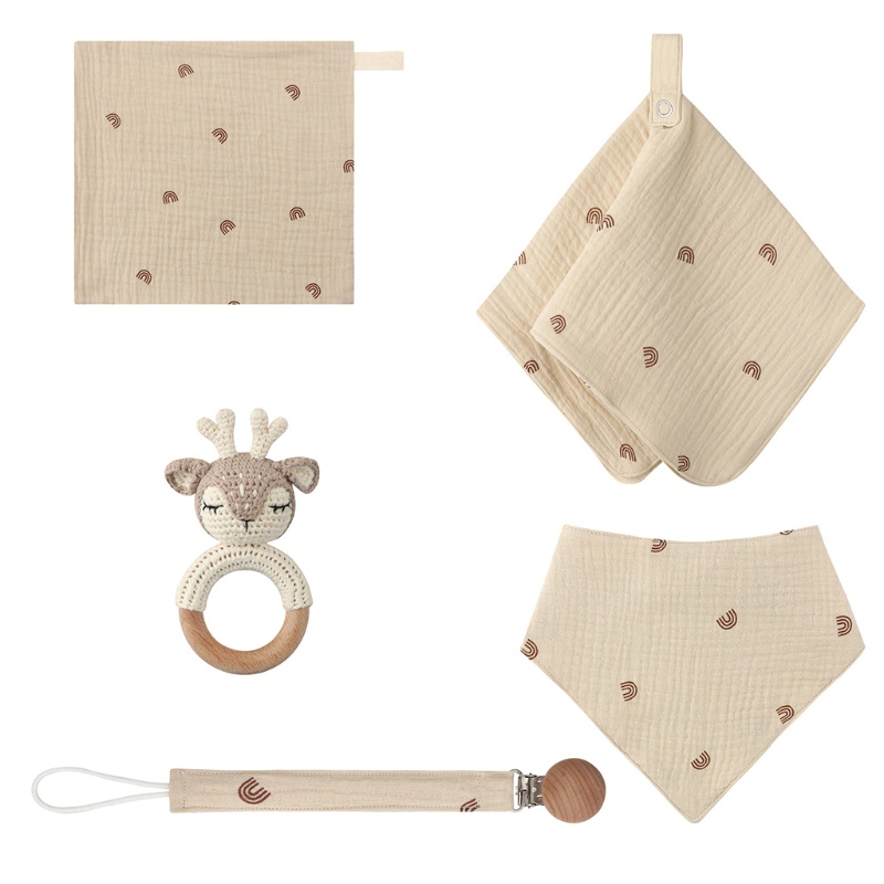 Set 5 Khăn Lau Mặt / Ti Giả Hình Vuông / Hươu Dệt Kim Cho Bé Sơ Sinh