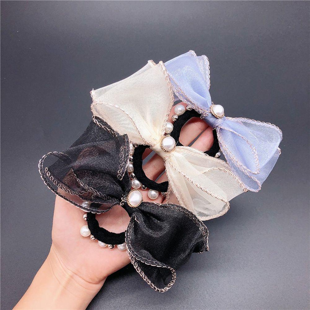 Dây Buộc Tóc Vải Voan Phối Lưới Đính Nơ Phong Cách Vintage Cho Nữ