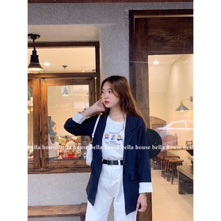 áo blazer xanh than tay phối kẻ
