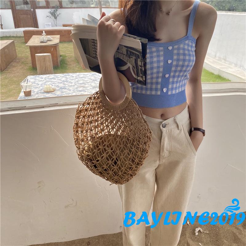 Áo lửng dệt kim hai dây mảnh không tay họa tiết sọc caro cổ điển thời trang cho nữ