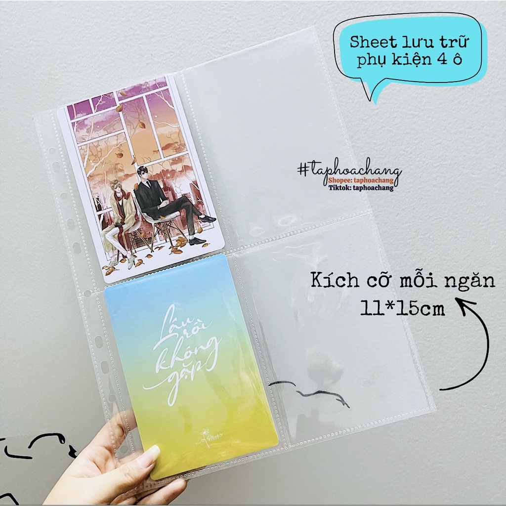Sheet đựng postcard, card kpod, thẻ bài, ảnh, phụ kiện sách truyện 4 ô, khổ A4 - Trang sheet lưu trữ 4 ngăn - Sheet A4