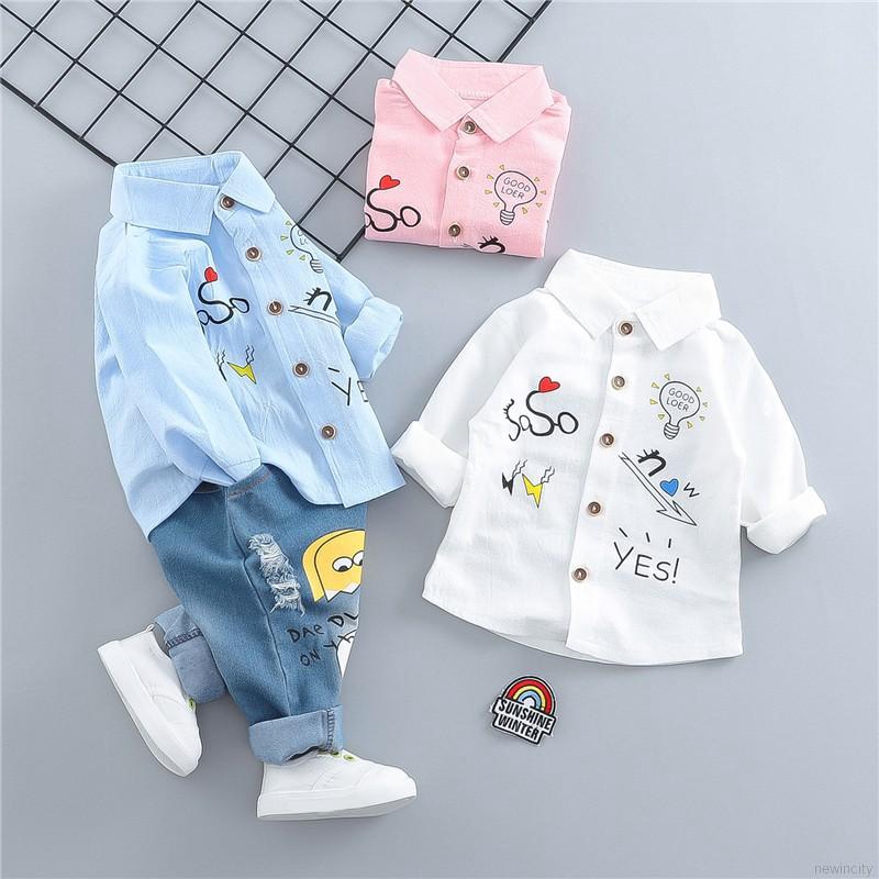 Set áo tay dài + quần jeans phong cách Hàn Quốc cho bé trai