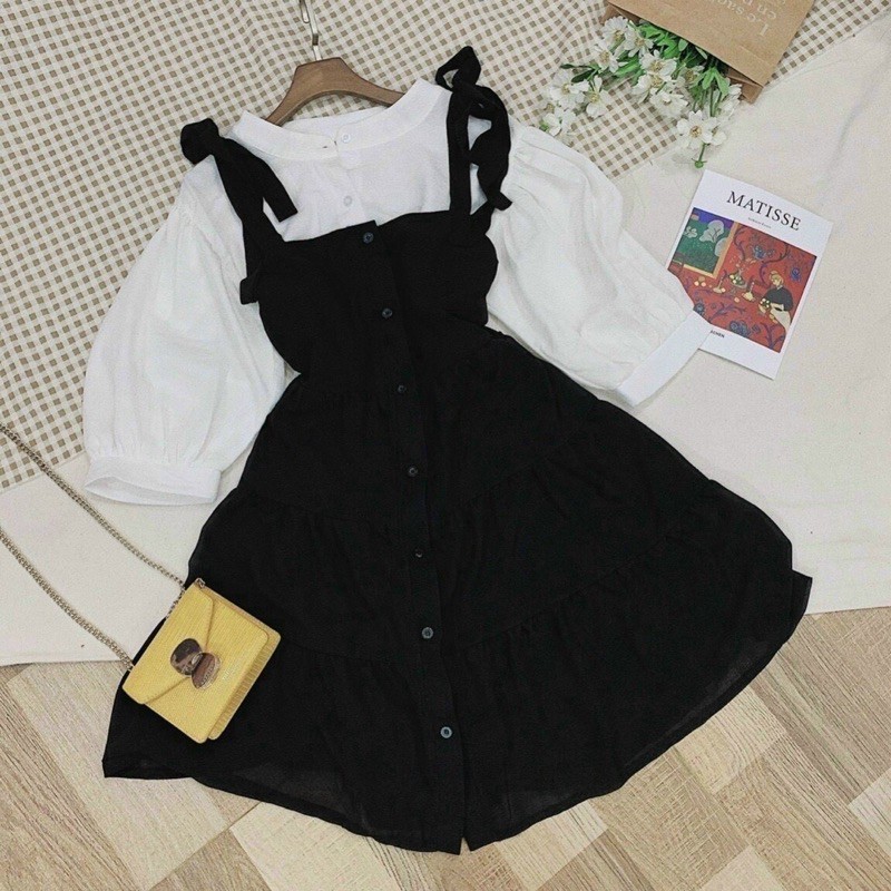 Set áo sơ mi và yếm 2 dây đen