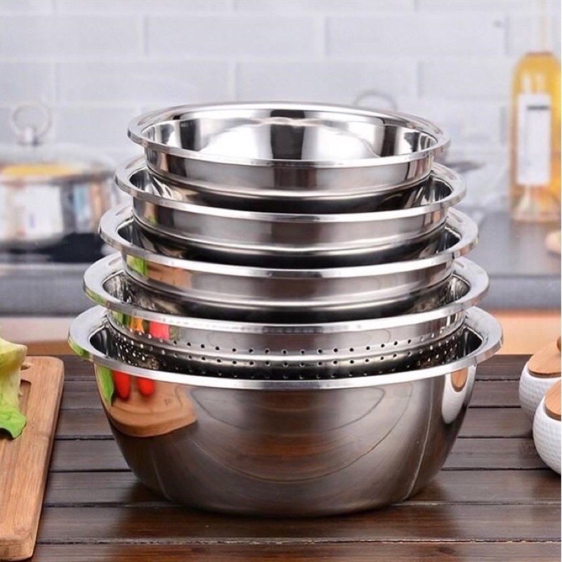 BỘ THAU RỔ INOX - SET 5 MÓN RỔ VÀ THAU INOX CAO CẤP
