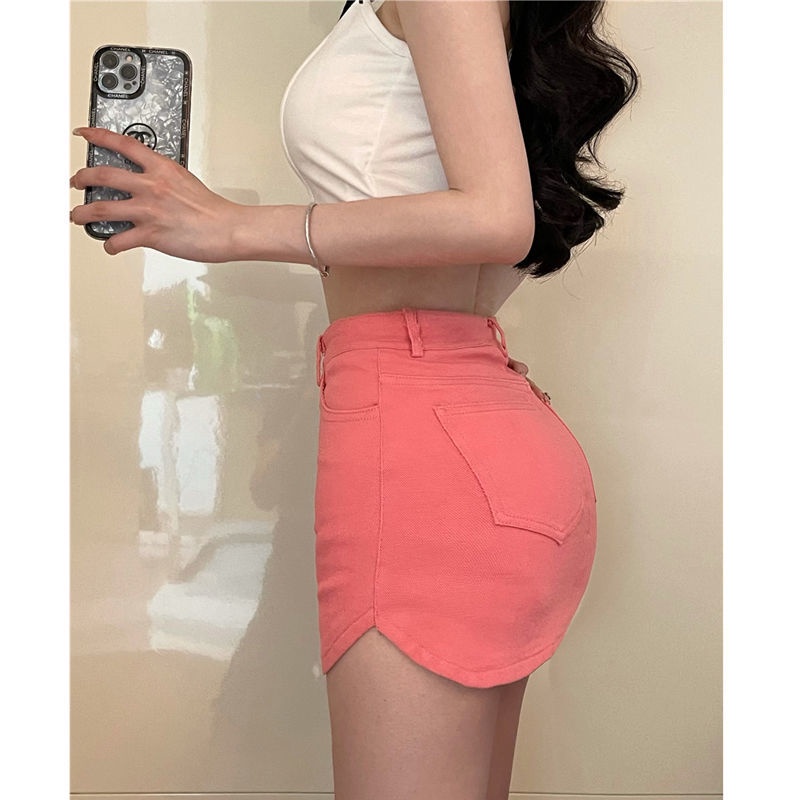 Jiashucheng Chân Váy Denim Hồng Lưng Cao Dáng Ôm Thời Trang Mùa Hè Cho Nữ