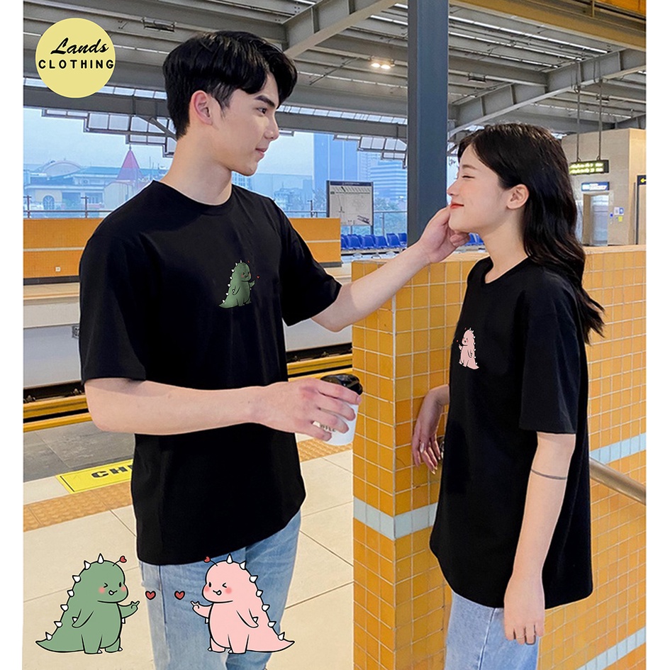 Áo thun đôi full box hình khủng long bắn tim đáng yêu unisex phong cách Basic Tee nam nữ tay lỡ oversize form rộng 5 màu