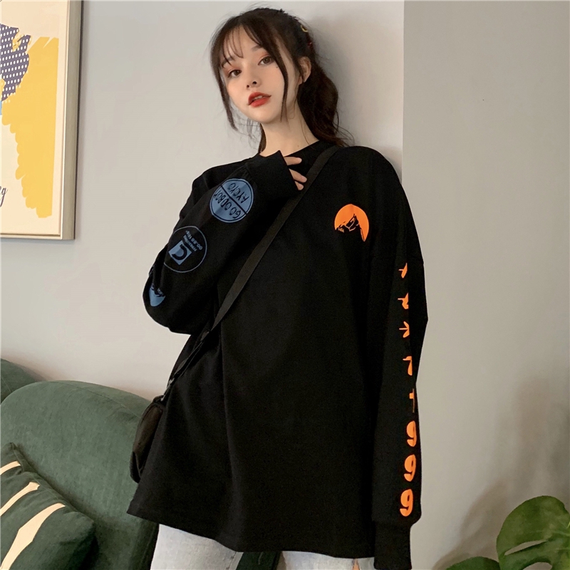 Áo sweater SUXI tay dài dáng rộng in họa tiết xinh xắn cho nữ