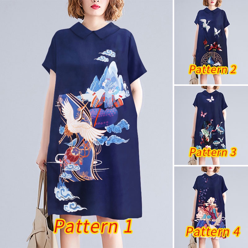 Đầm midi ZANZEA ngắn tay cổ búp bê họa tiết thổ cẩm có túi phong cách retro thời trang dành cho nữ