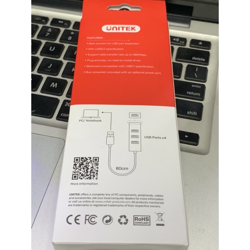 Hub USB 2.0 1 ra 4 cổng dây dài 80cm UNITEK Y-2140 chính hãng phân phối