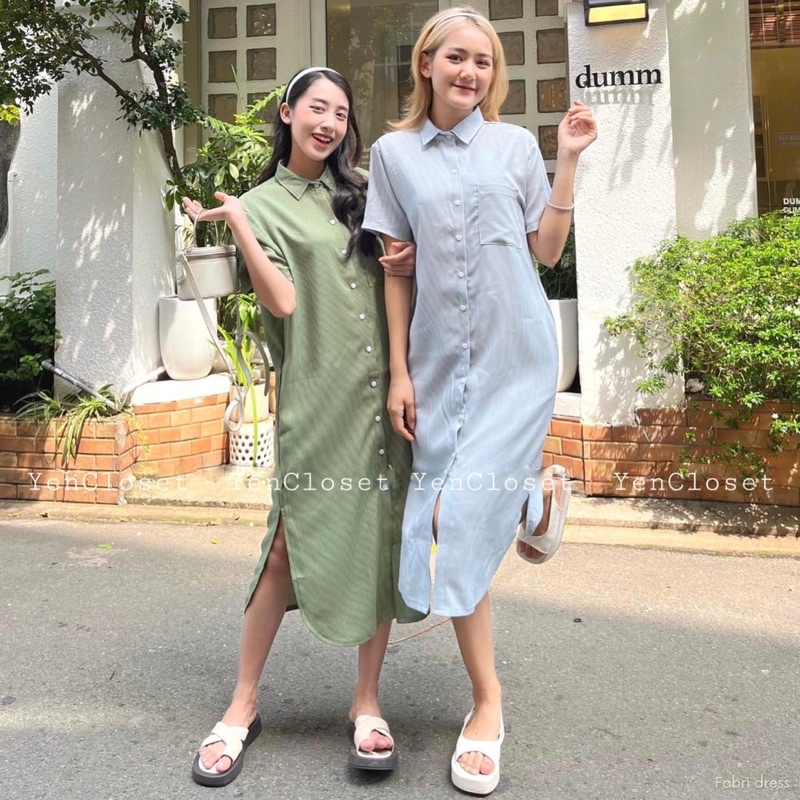 [Freeship] Hình shop chụp - Đầm suông sơ mi sọc cổ bẻ