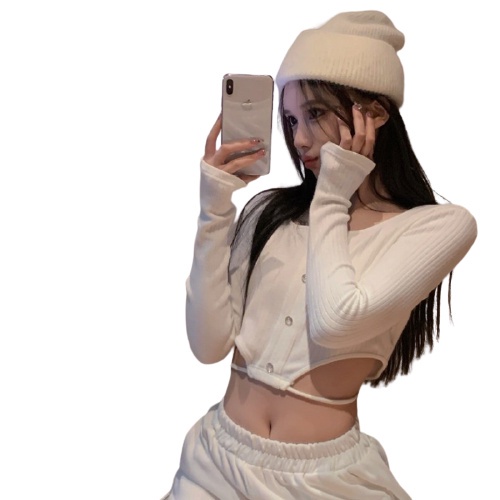 QKOOLE  Áo dệt kim dài tay dáng ôm thiết kế độc đáo phong cách Hàn Quốc cho nữ