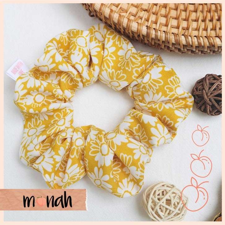 Combo dây buộc tóc, cột tóc scrunchie và turban băng đô nữ hoa vàng nhí lụa mịn