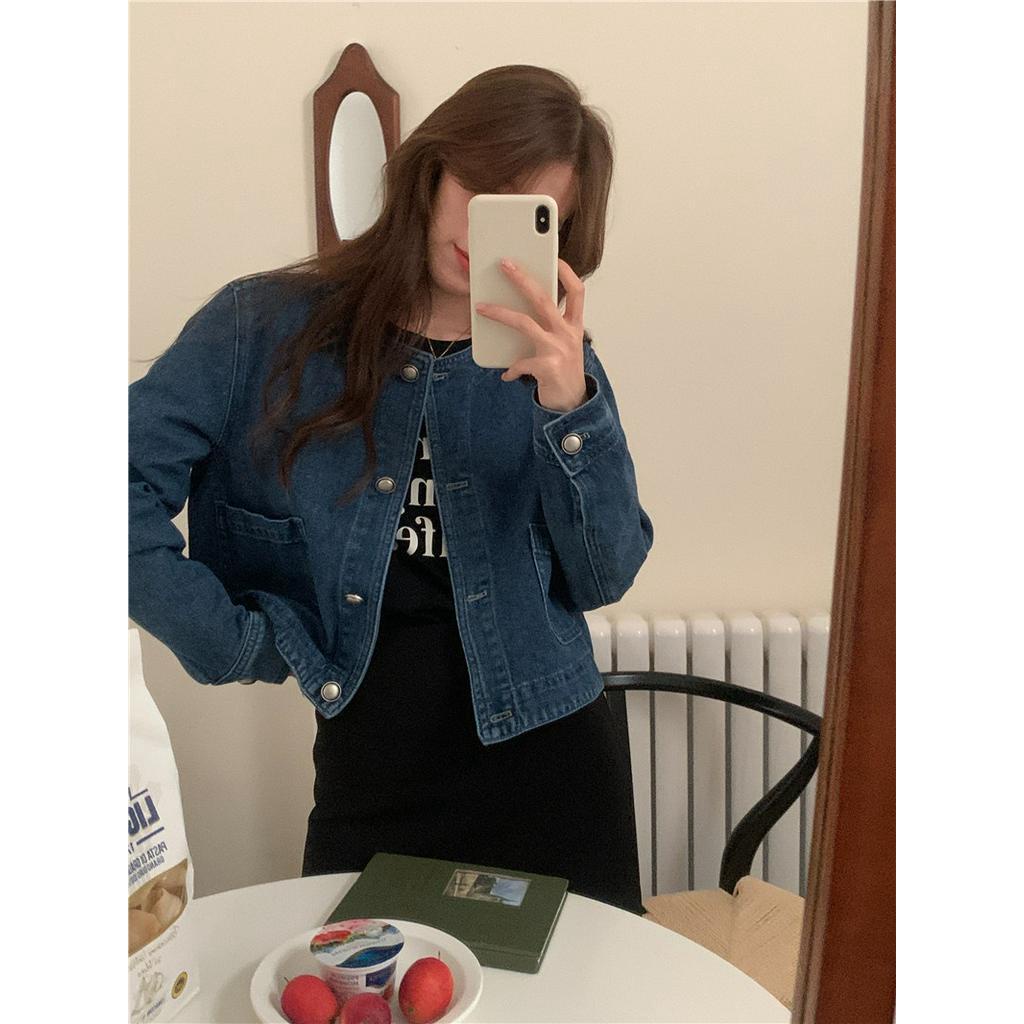 Áo Khoác Denim Tay Dài Cổ Tròn Phong Cách Retro Đơn Giản 60932