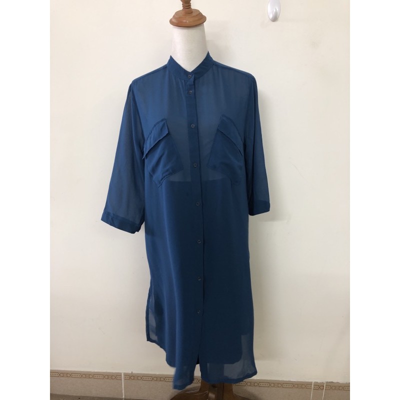size M to L đầm sơ mi voan dáng xuông màu xanh cổ vịt 2hand siêu mới mát sang