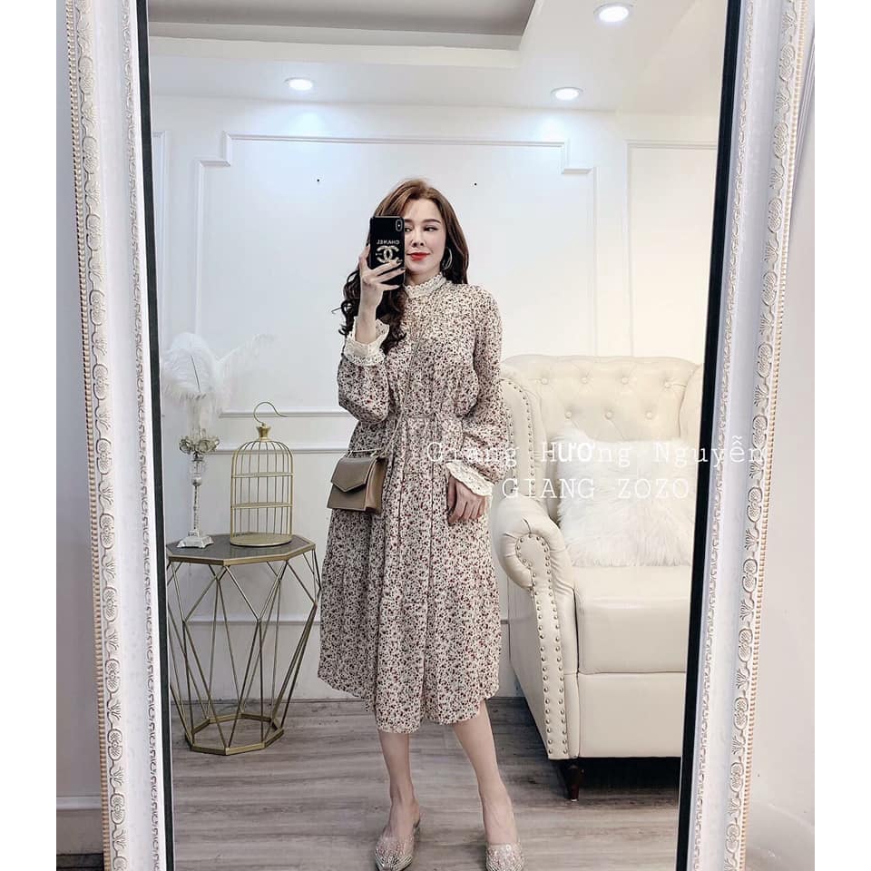 váy hoa nhí dáng dài pha ren - đầm hoa nhí tiểu thư