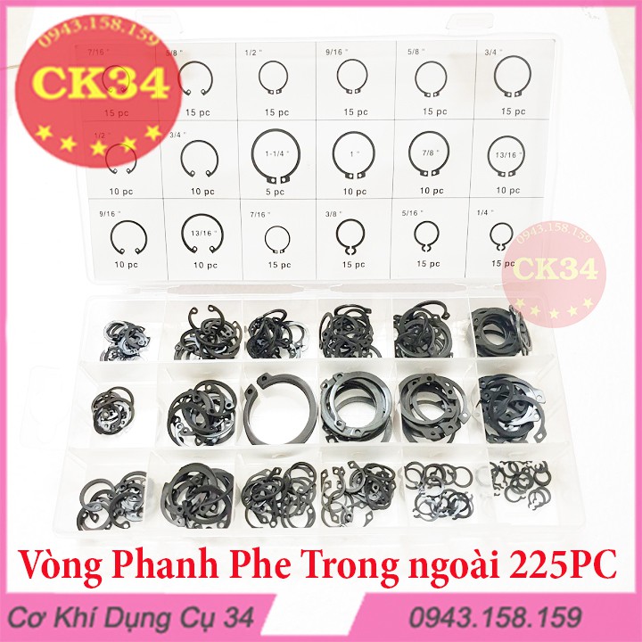 Phanh trục, vòng lò xo, vòng phe, phe gài trục, vòng chặn ngoài, long đen, vòng đệm 225pc
