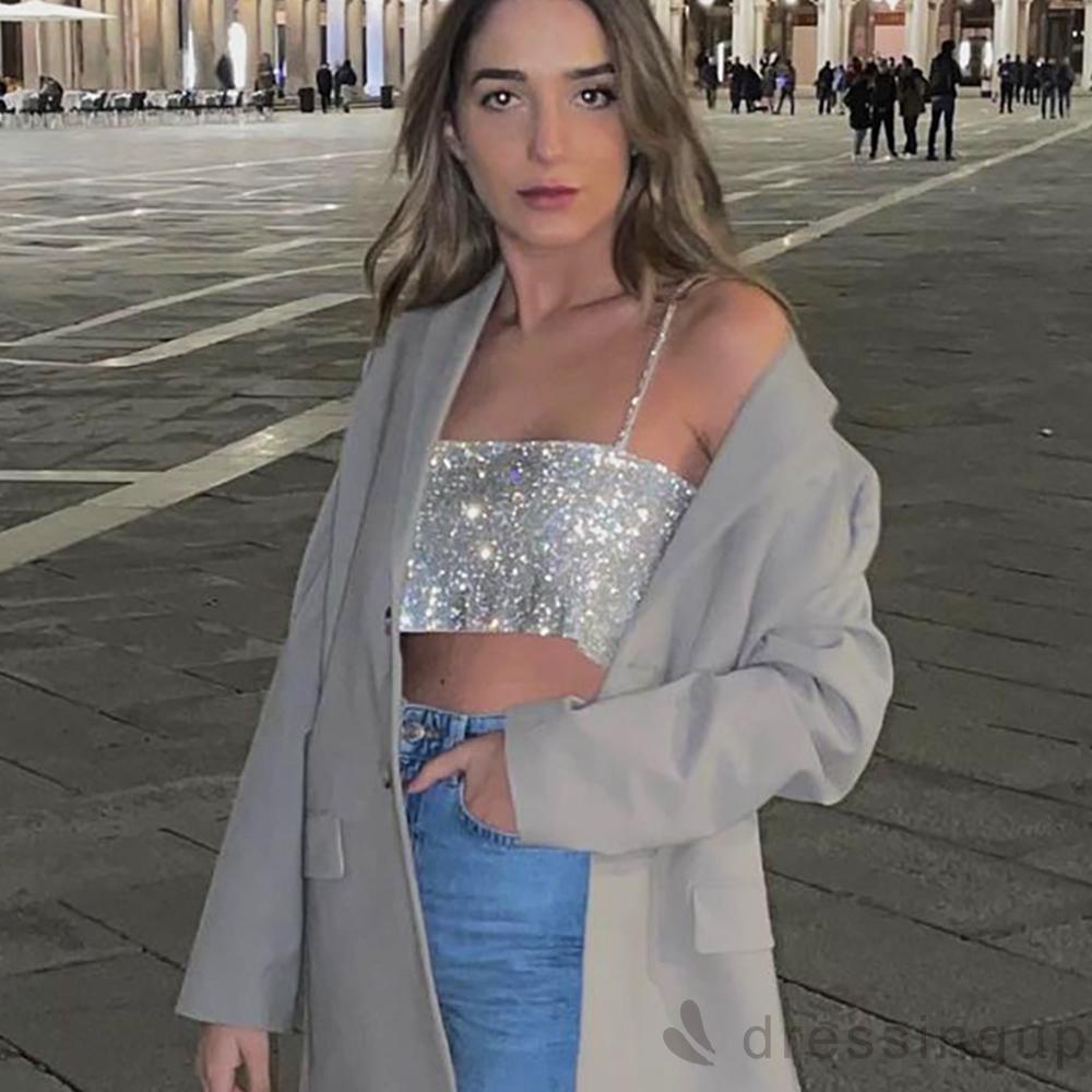 Áo croptop sát nách đính kim sa lấp lánh thời trang mùa hè quyến rũ cho nữ