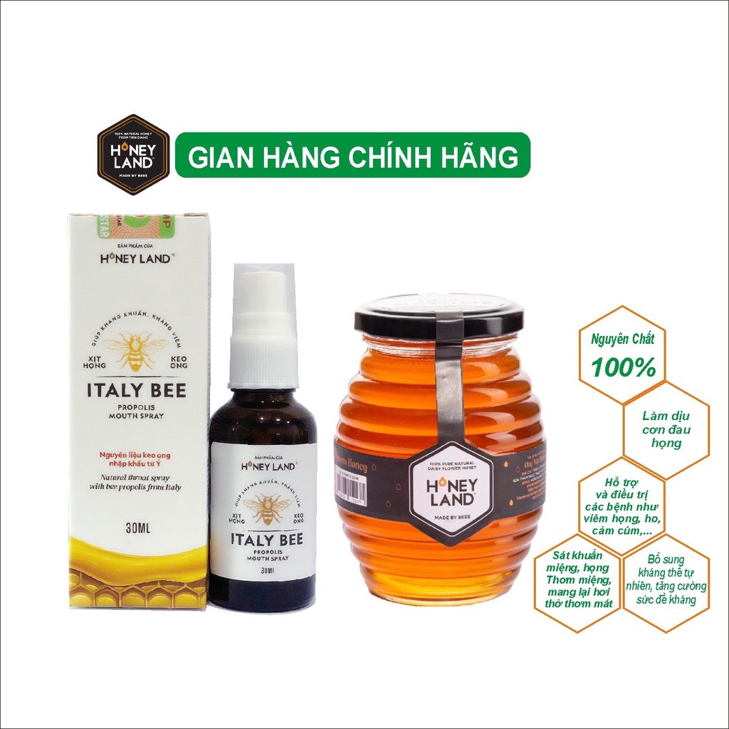 Combo mật ong Xuyến Chi + keo ong ITaLi Bee Honeyland 500g mật ong nguyên chất + 30ml keo ong giúp giảm ho đau họng