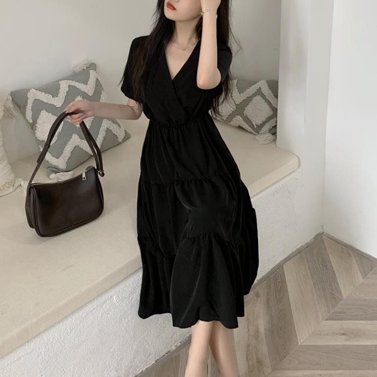 Váy midi dài tay ngắn chiết eo 2021, Đầm nữ dài màu đen cổ V dáng xòe 3 tầng sang chảnh thời trang hàn quốc du lịch Xịn
