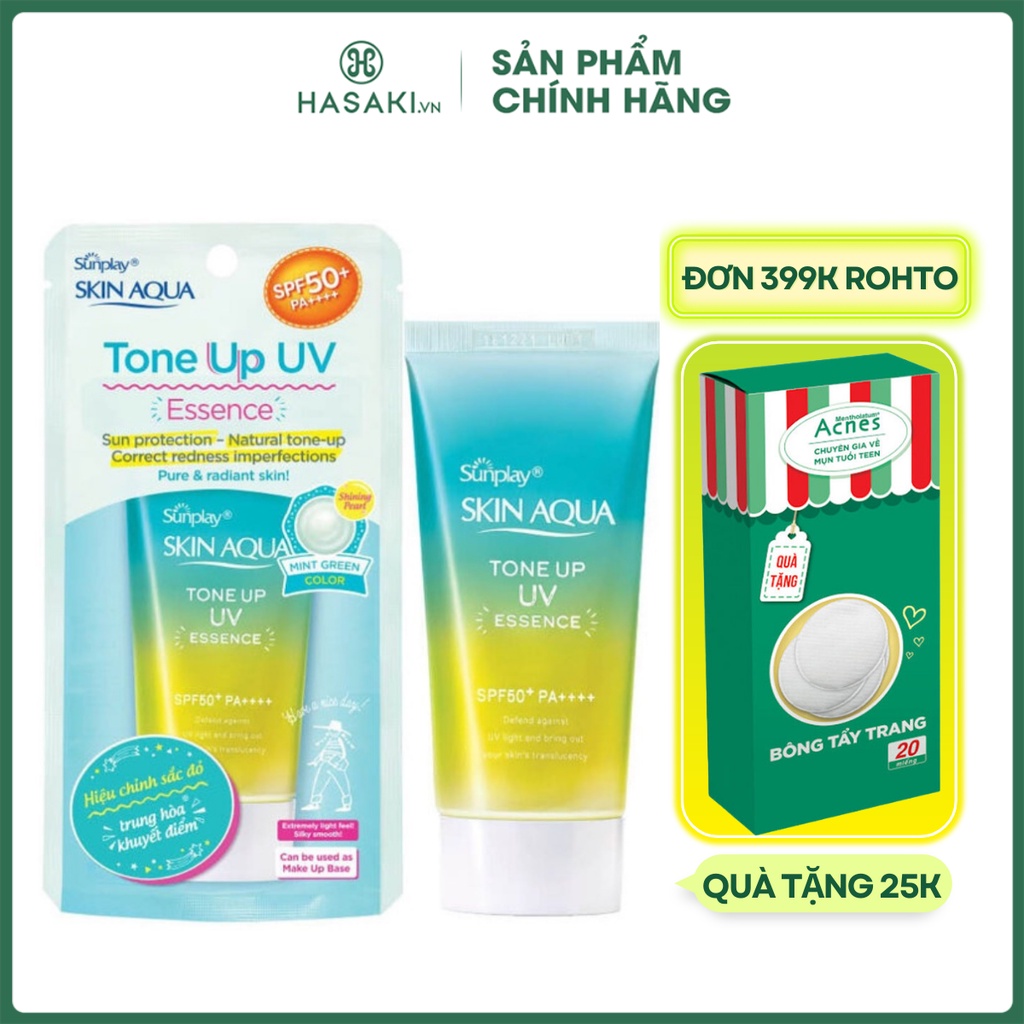 Tinh Chất Chống Nắng Hiệu Chỉnh Sắc Da Sunplay SPF50+ PA++++ Cho Da Dầu, Mụn Skin Aqua Mint Green Tone Up UV Essence 50g