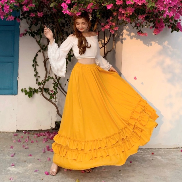 [Ảnh thật🍋] Váy sống ảo/ Sét áo croptop trắng phối chân váy maxi bèo tầng màu vàng boho | BigBuy360 - bigbuy360.vn