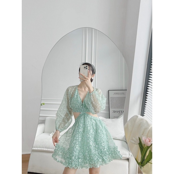 ĐẦM HOA XANH CỔ V CUT OUT EO XINH XẮN