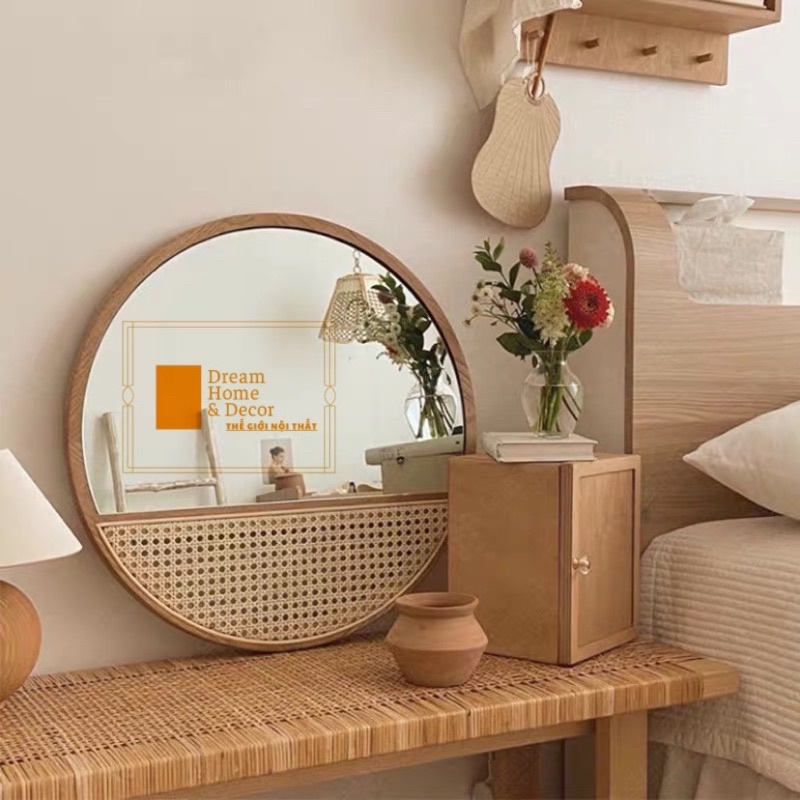 Gương decor mây viền gỗ , treo tường ,vintage