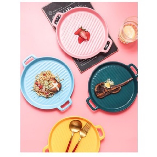 Khay nướng tròn 2 quai, đĩa sứ decor bàn ăn kiểu Bắc Âu