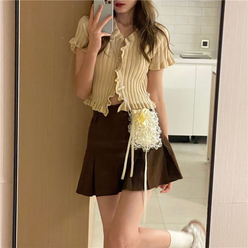 Set áo croptop và chân váy xếp ly cạp cao ulzzang phong cách Hàn Quốc