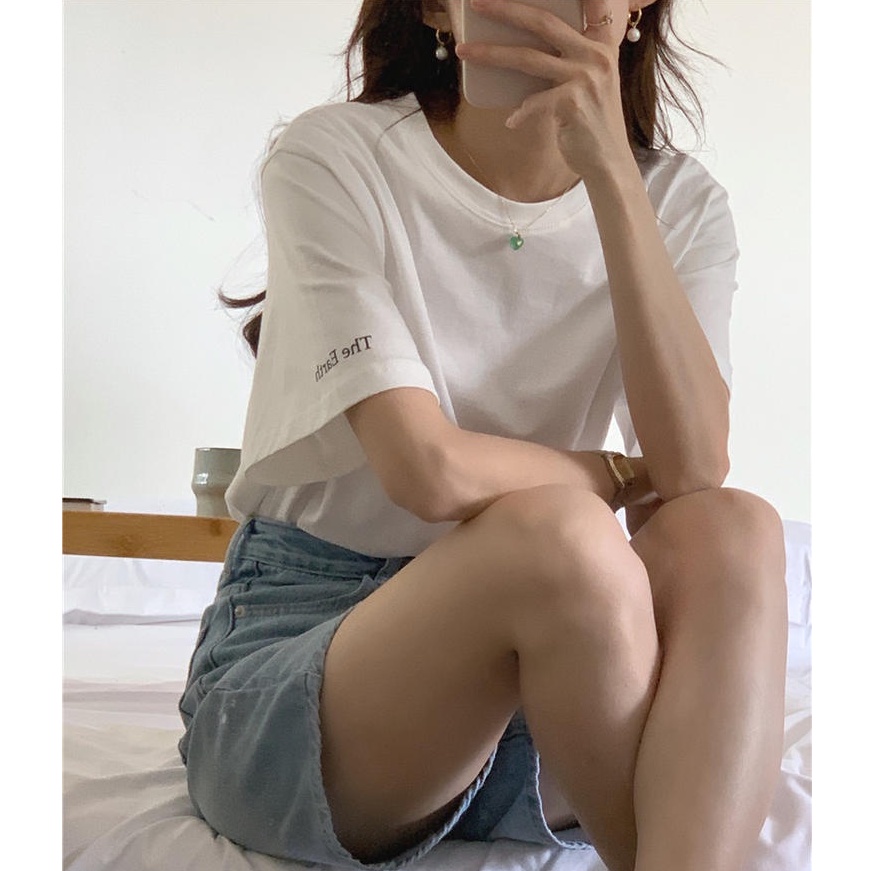 Áo Thun Tay Ngắn Cổ Tròn In Chữ Dáng Rộng Phong Cách Hàn Quốc 50371