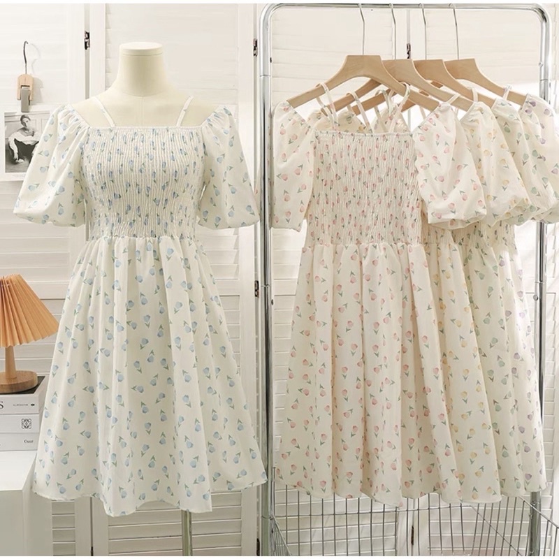 Váy 2 dây hoa nhí trễ vai tay bồng chun ngực dáng xòe ulzzang - Đầm midi hoa nhí 2 dây chun ngực tay bồng