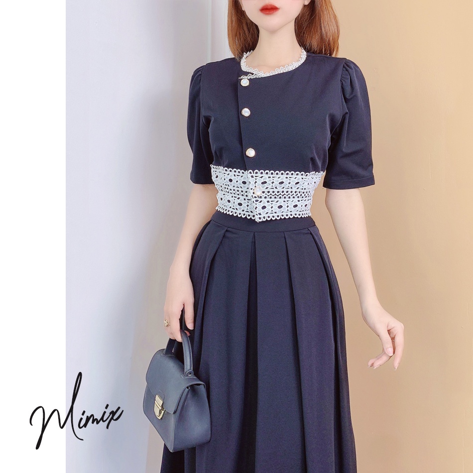 Set áo phối ren kèm chân váy midi xếp ly MIMIX CH8220