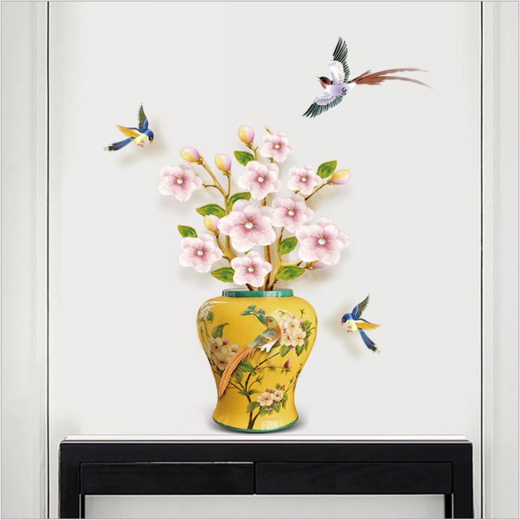 Decal trang trí tường - Chậu hoa vàng Hoa Mai hồng trắng nổi bật