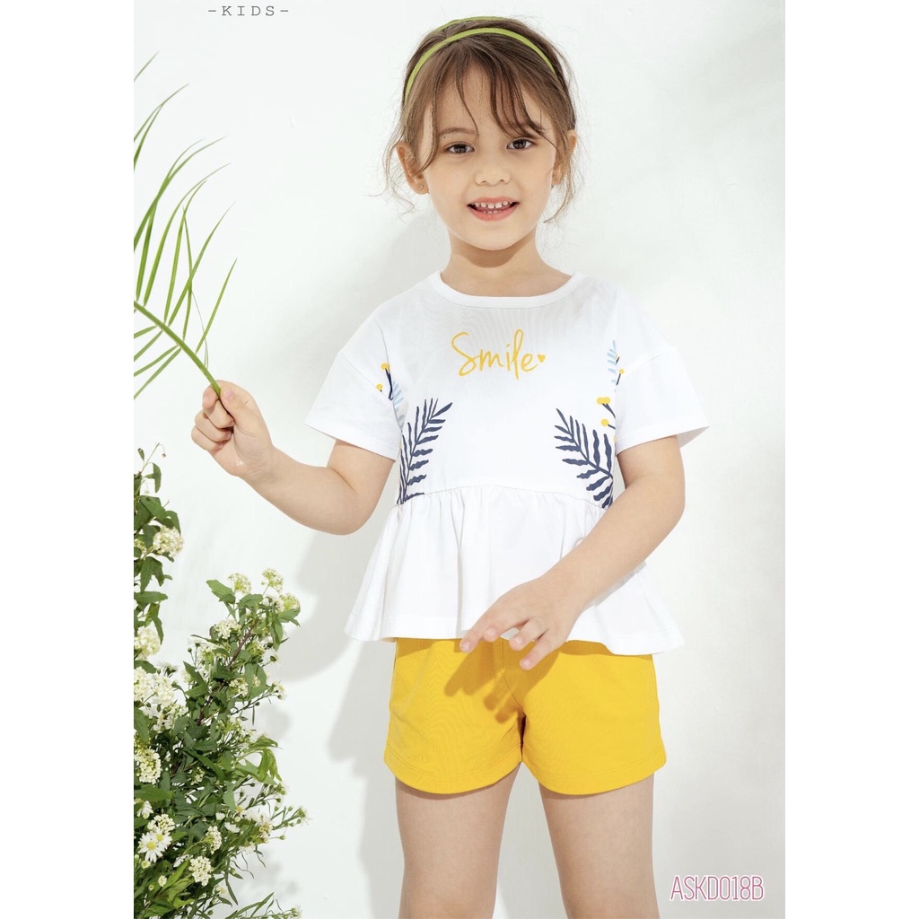 [CHÍNH HÃNG] Bộ quần đùi áo cộc bé gái họa tiết chiếc lá nhún eo ASKD018BTX Zose