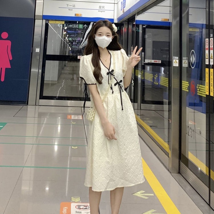 Váy babydoll Đầm Sườn Xám Cách Tân Tay Phồng Cổ Chữ V Phong Cách Hàn Quốc Thời Trang Mùa Hè Cho Nữ