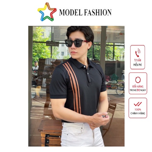 Áo thun polo nam nữ tay ngắn đen sọc nâu dọc hàn quốc Model Fashion