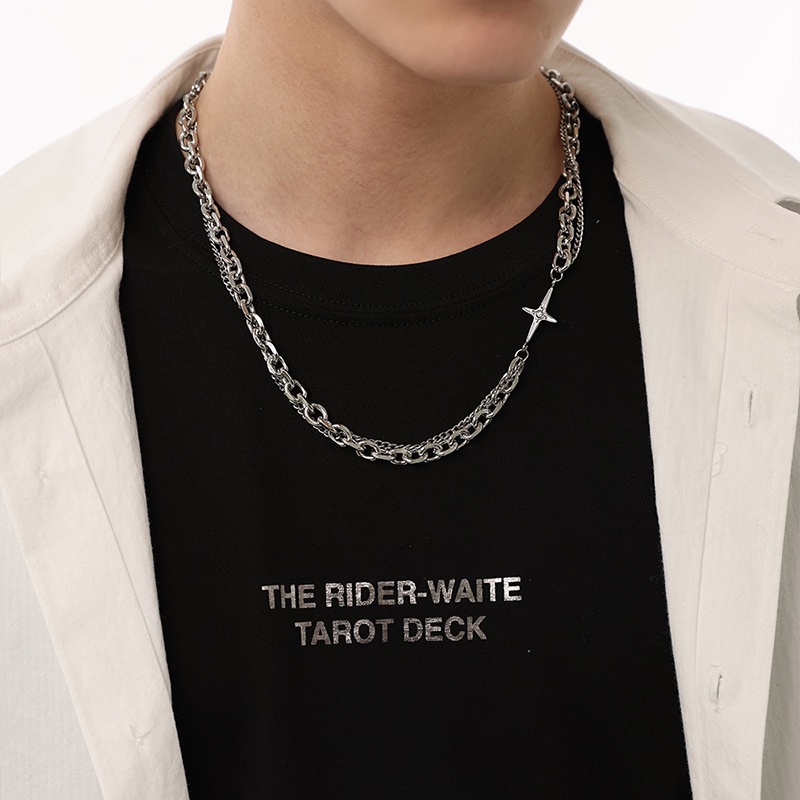 Vòng cổ MAYEBE LAVEND mặt hình thánh giá màu bạc phong cách Hàn Quốc hiphop unisex cho nam