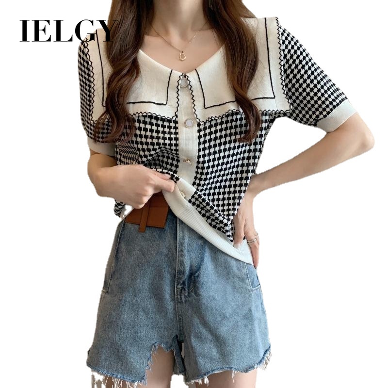 Áo sweater IELGY ngắn tay ngắn dáng rộng cổ thủy thủ in caro phong cách Hàn Quốc cho nữ