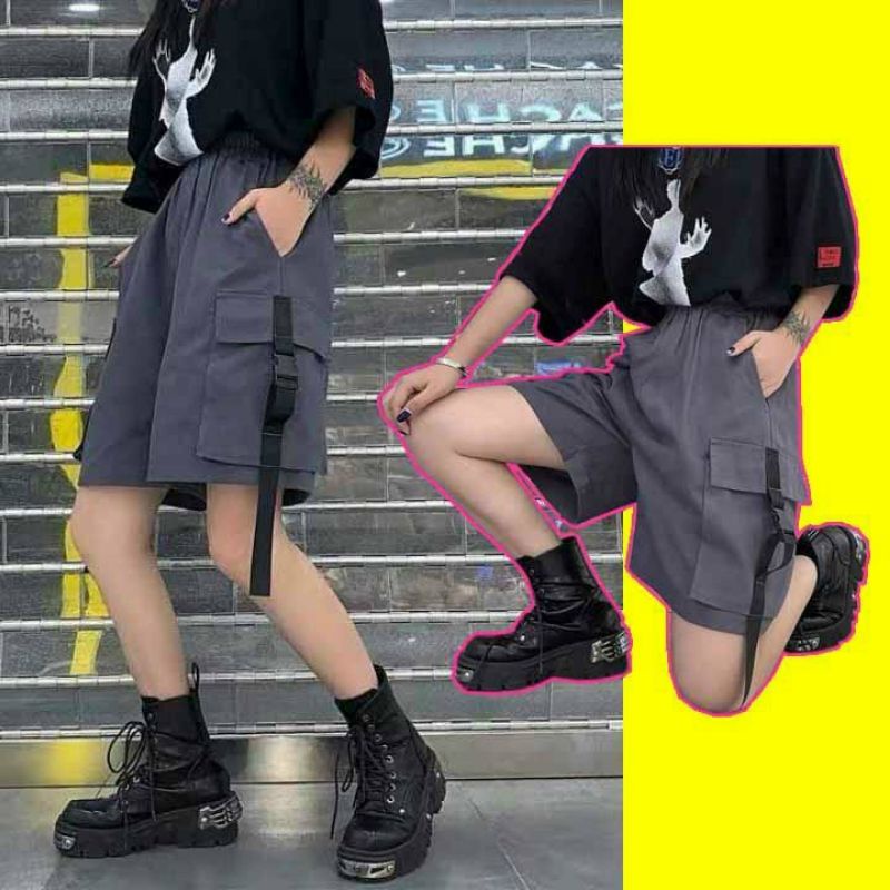 Quần short nữ chất kaki phối túi dây kiểu form rộng thể thao