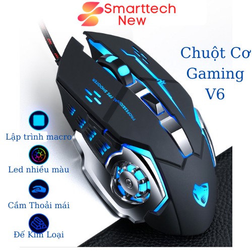 Chuột Máy Tính Chuột Cơ Gaming Có Dây V6 T - WOLF Có Đèn Led Full Led Đổi Màu Liên Tục, Siêu Nhạy, Đế Di Kim Loại