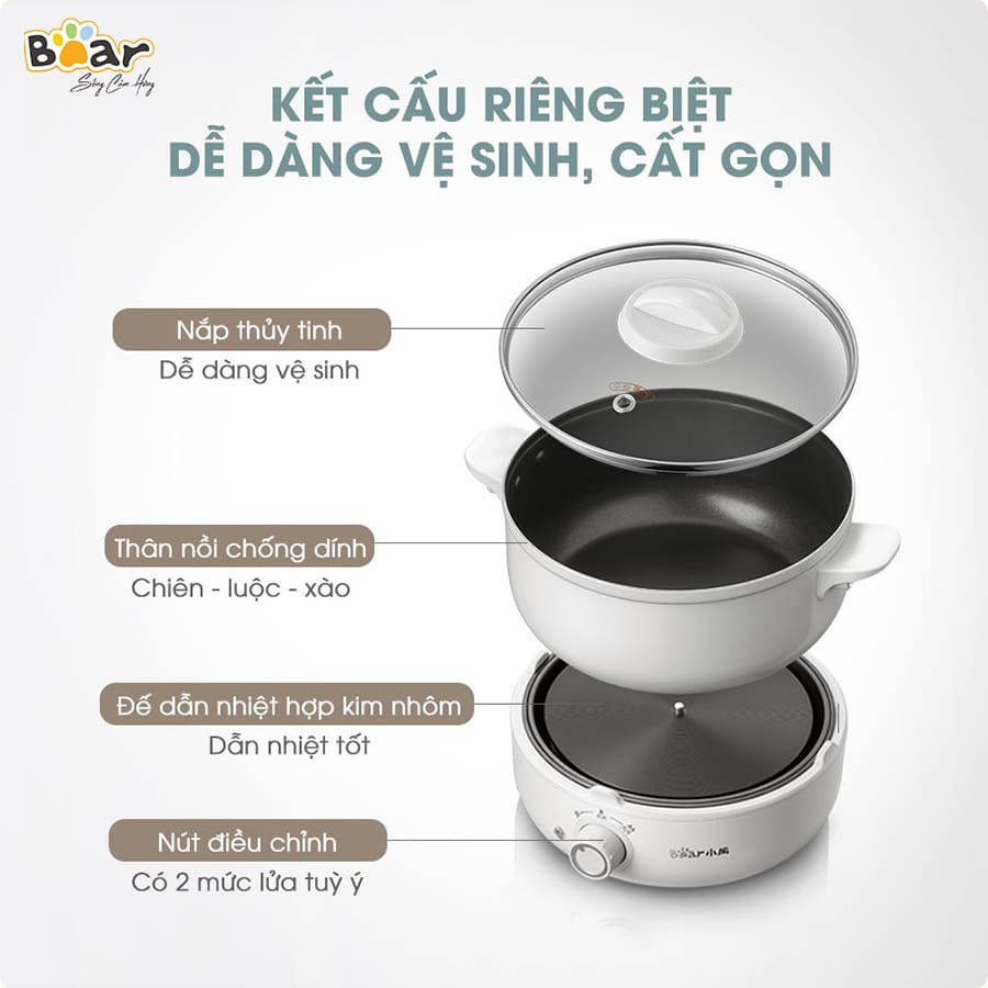 [Nội địa] Nồi nấu đa năng chiên xào nấu lẩu kèm lồng hấp 2.5L Bear DHG-B25Z1 700W màu xanh ngọc - Hàng chính hãng