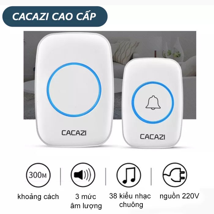 Chuông Cửa Không Dây Cacazi - Thu Phát Sóng Khoảng Cách 300m - Nút Nhấn Lắp Đặt Ngoài Trời Chống Thấm Nước Kèm Pin