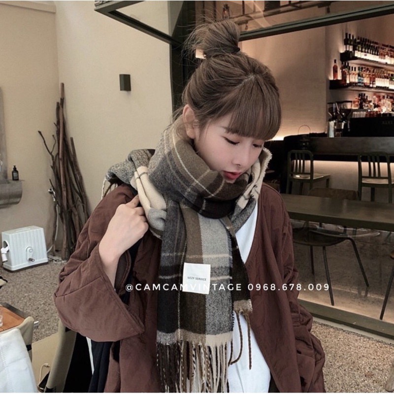 Khăn quàng cổ nam nữ choàng cổ lông thỏ caro vintage, mềm mịn dày cực ấm Beo Chan