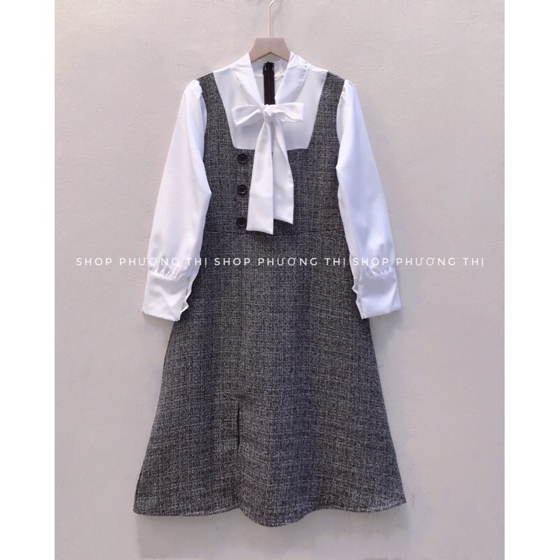 [Mã FAGREEN1505 giảm tới 30K đơn 99K] Váy dạ pha tay sơmi thiết kế nơ cổ siêu sang (có hình thật/video/sẵn) | BigBuy360 - bigbuy360.vn