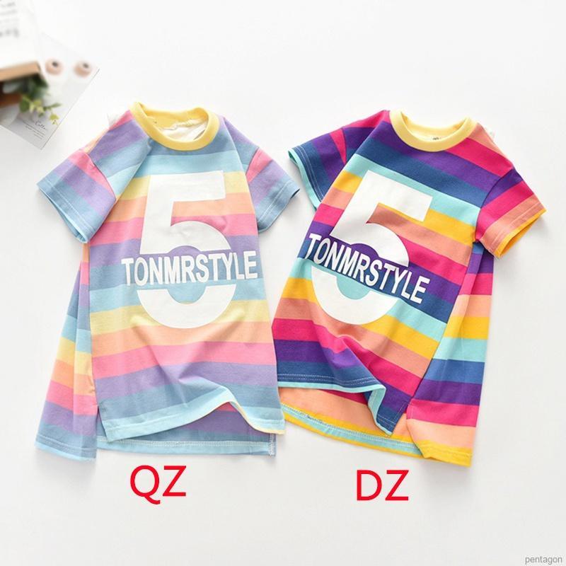 Đầm Thun Ngắn Tay Sọc Ngang Màu Cầu Vồng Cho Bé Gái