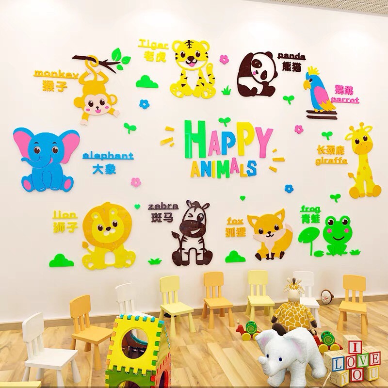 Tranh dán tường Mon Mon - Decal mica happy animail, thế giới động vật, cùng bé học Tiếng Anh với các con vật