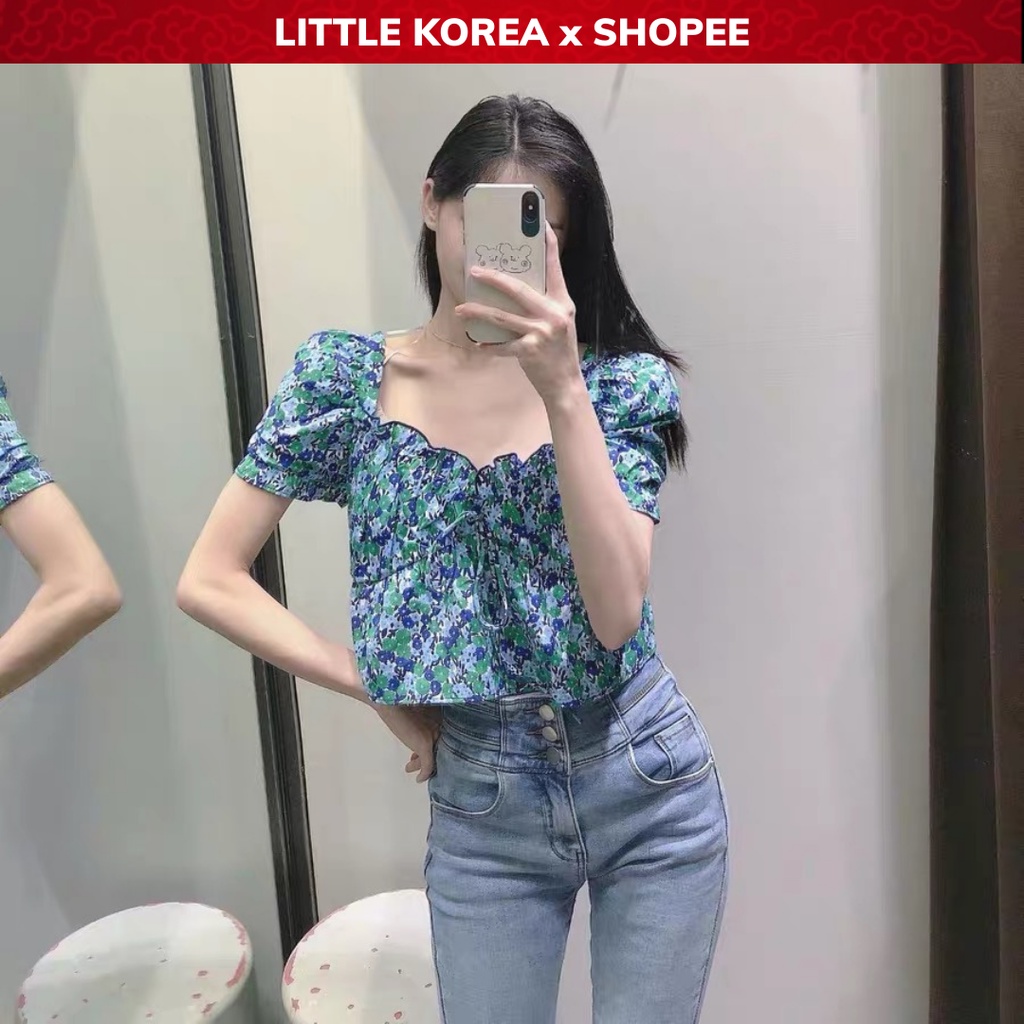 Áo Croptop Nữ Hoa Xanh Chất Đũi Thô Kiểu Cổ Chữ V Tay Bồng Ngắn - LITTLE KOREA
