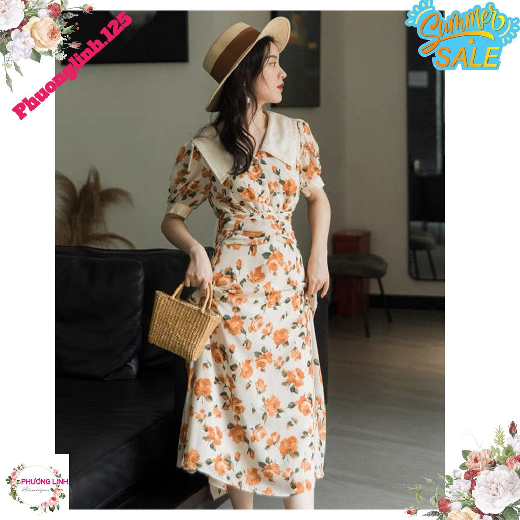 VÁY HOA VÀNG CAM PHỐI CÚC NGỌC VINTAGE | BigBuy360 - bigbuy360.vn