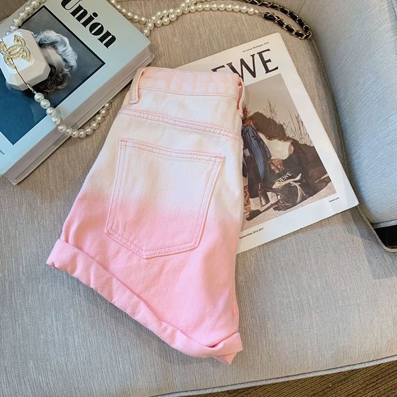 Jiashucheng Quần Short Denim Màu Hồng Gradient Chéo Eo Cao Thời Trang Mùa Hè Mới Cho Nữ