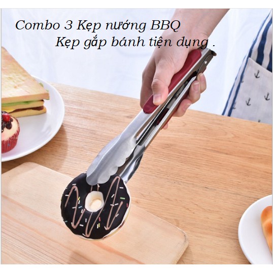 Combo 3 kẹp nướng BBQ có khóa gài, kẹp nướng thịt, gắp bánh chống nóng siêu tiện dụng